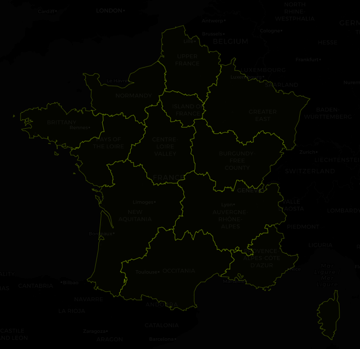 Carte stylisée de France avec les régions illuminées